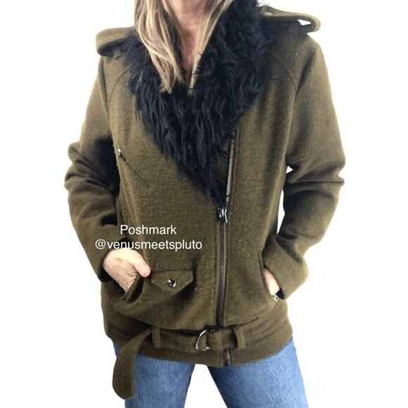 H&M Women Sz S Wool Blend Faux Fur Moto Jacket Olive Casual Fall Coat Aviator - Picture 2 of 13
